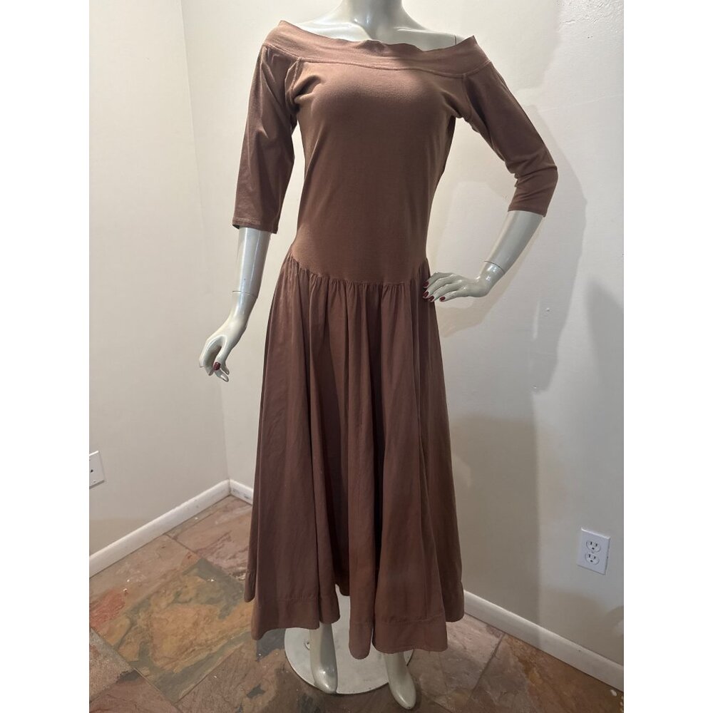 Luna Luz Off-Shoulder Chic Brown Maxi Dress With 3/4 Sleeves & Flowing Skirt